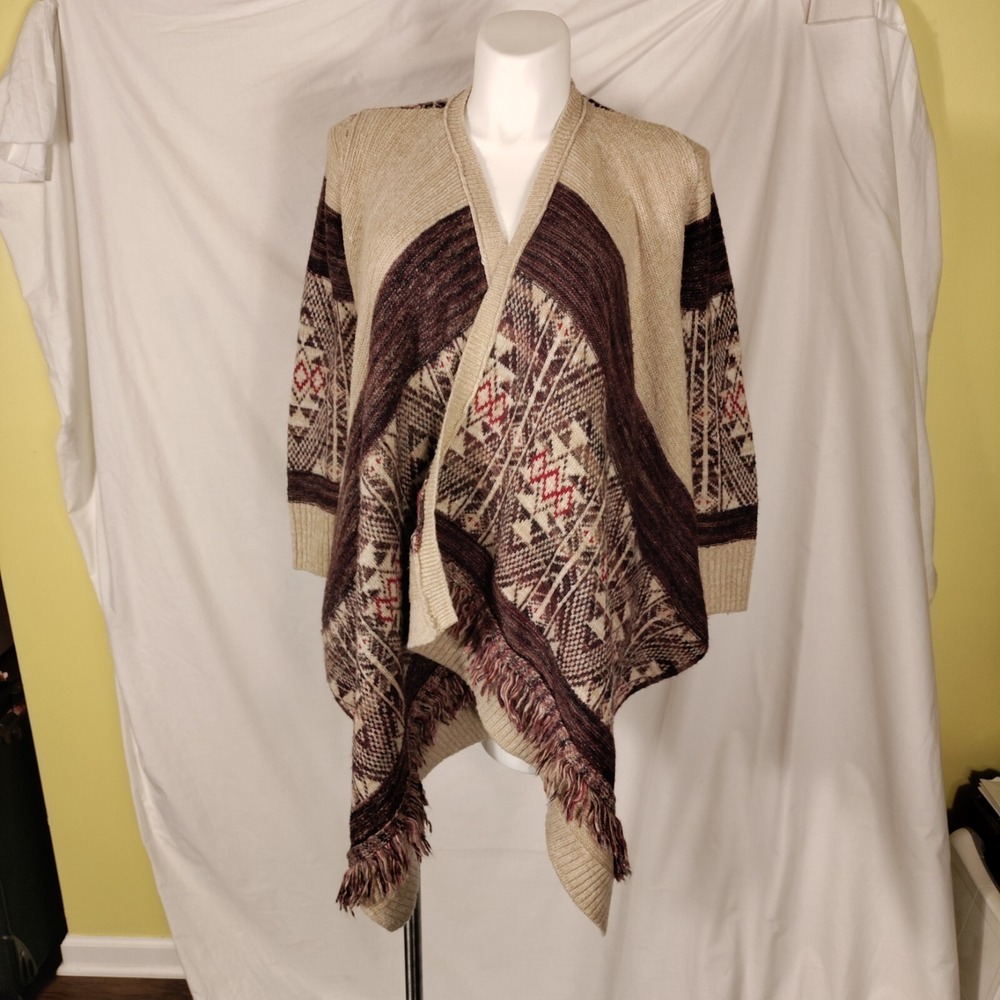 Knox Rose  Sweater Sz Large Brown Aztec Cardigan Waterfall‎ Fringe Open Front